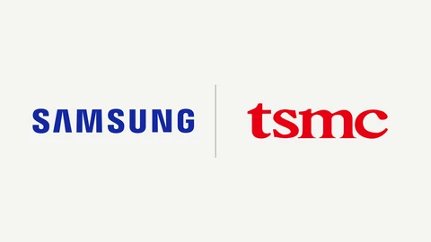 The blue SAMSUNG wordmark on the left and the red lowercase tsmc wordmark on the right, separated by a thin grey line on an off-white background.