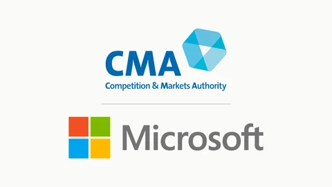 The Competition and Markets Authority logo, the letters CMA in dark blue beside a light blue hexagon with the full name beneath, above a thin grey line and the Microsoft logo of four coloured squares beside the word Microsoft, on a near-white background.
