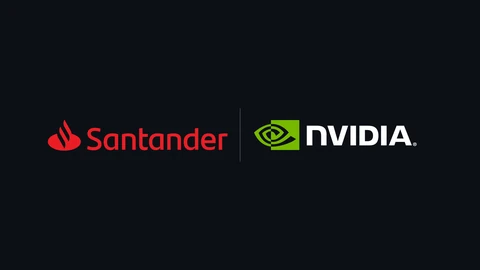The red Santander flame logo and wordmark on the left of a dark navy background, a thin grey divider, and the green-and-white NVIDIA logo on the right.