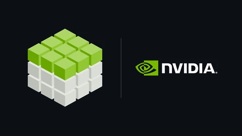 A stack of cubes, the top layer green and the lower layers light grey, on the left of a dark background, a thin grey divider, and the green-and-white NVIDIA logo on the right.