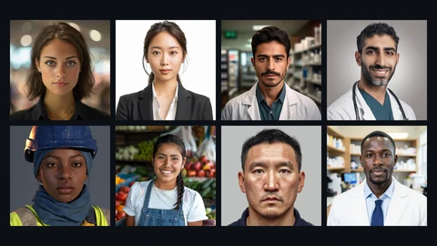A grid of eight AI-generated portrait faces on a dark background: a woman with dark hair, a woman in a black blazer, two men in white coats in pharmacy or clinic settings, a woman in a hard hat and safety vest, a smiling girl at a fruit stall, a middle-aged man against a grey wall, and a man in a white coat and tie.
