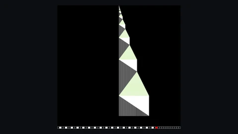 A spacetime diagram of the fifth Busy Beaver Turing machine: horizontal rows of cells coloured by symbol, stacked downward as time advances, forming a dense geometric pattern on a dark background.
