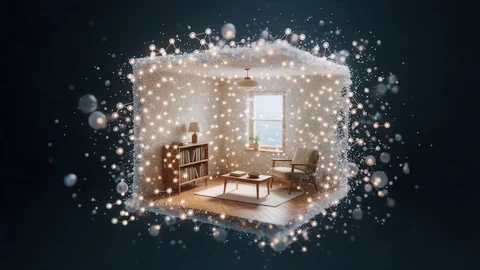 AI-generated illustration of a small lit room floating in darkness, its walls made of glowing white particles and connected nodes that suggest a 3D world built from atoms.