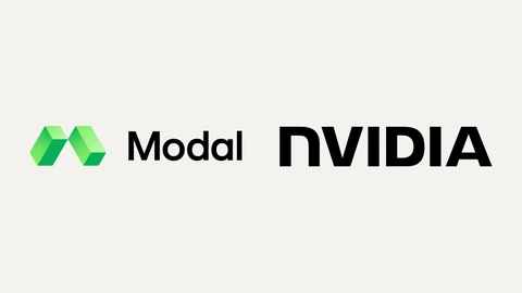 The Modal logo, a green stacked-block M symbol beside the word Modal in black, next to the black NVIDIA wordmark, on a pale grey background.