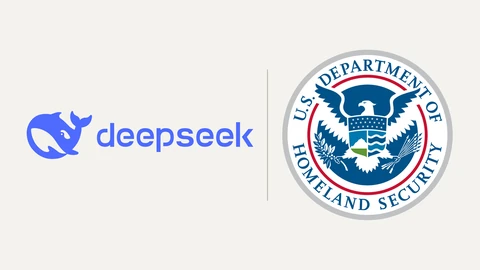 The blue DeepSeek whale logo and wordmark on the left and the round US Department of Homeland Security seal, an eagle on a blue field ringed by the department name, on the right, on a pale background.