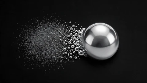 AI-generated illustration of a large shiny bead of liquid mercury on a black background, with a cloud of fine grey particles and small droplets on its left side merging into the smooth sphere.