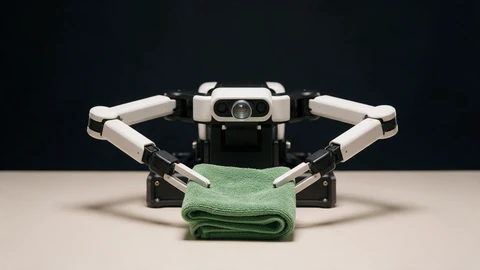 AI-generated illustration of a small white and black two-armed robot with a camera between its shoulders, its two-finger grippers holding a folded green towel on a pale table against a dark background. No text.
