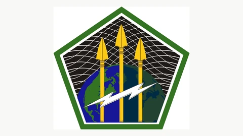 The US Army Cyber Command shoulder patch: a green-bordered pentagon with three gold spearheads rising over a globe, a white lightning bolt and a black field of curved grid lines.