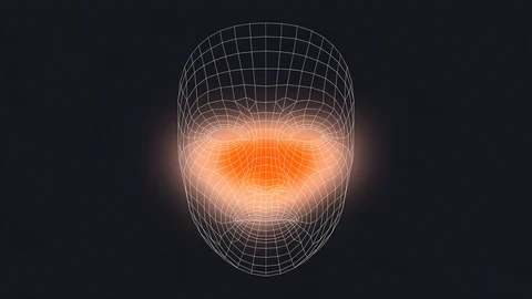 AI-generated illustration of a human face drawn as a white wireframe mesh on a dark background, with an orange heat-map glow over the area under the eyes and the bridge of the nose. No text.