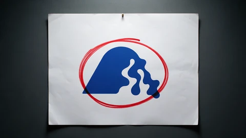 AI-generated illustration of a white poster pinned to a dark wall, showing a blue abstract logo that melts into drips on one side, circled in red marker. No text.