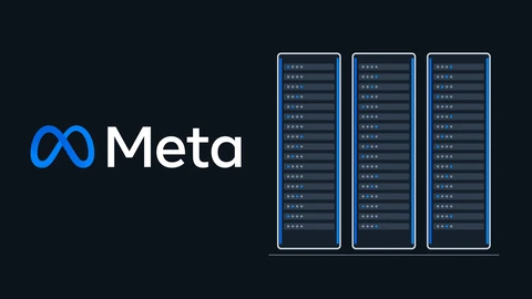The Meta logo, a blue infinity-style symbol with the word Meta in white, on a dark background beside a drawing of three tall server racks with stacked trays and blue cooling lines.