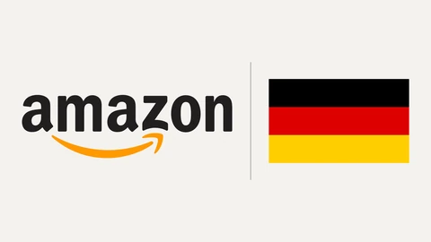 The black Amazon wordmark with its orange smile-shaped arrow, beside the black, red and gold flag of Germany, separated by a thin grey line on a plain off-white background.