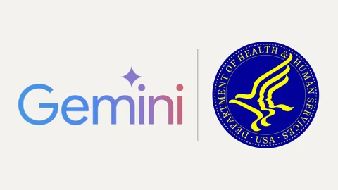 The Google Gemini wordmark in blue-to-red gradient letters with a four-pointed star, beside the round blue and yellow seal of the US Department of Health and Human Services, on a plain off-white background.