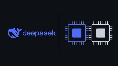 DeepSeek's blue whale logo and lowercase deepseek wordmark on the left of a near-black background, a thin grey divider, and two drawn computer chips with pins on the right, one blue and one light grey.
