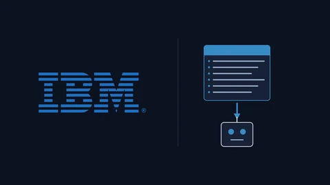The blue IBM eight-bar logo on the left of a dark navy background, a thin divider, and a drawn card of stacked rule lines with an arrow pointing down into a small robot icon on the right.