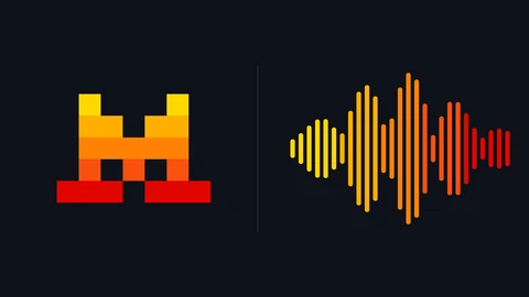 The yellow, orange and red pixel-block Mistral AI logo on the left of a near-black background, a thin divider, and a drawn sound waveform of rounded vertical bars in the same warm colours on the right.