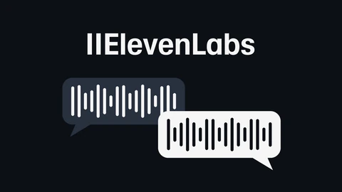 The white ElevenLabs wordmark at the top of a dark background, above two overlapping speech bubbles, one dark grey and one white, each filled with vertical audio waveform bars.