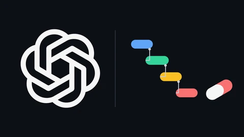 The white OpenAI blossom logo on the left of a dark background and, on the right, four coloured rounded bars stepping down like a project timeline, linked by thin lines and ending at a red and white capsule.