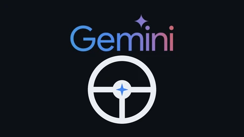 The Google Gemini wordmark in blue-to-pink gradient letters with a small star, above a white steering wheel with a blue four-pointed spark at its centre, on a dark background.