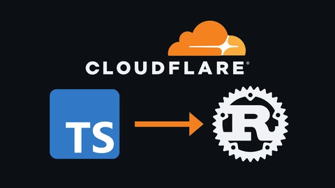 The orange Cloudflare cloud logo and wordmark at the top of a dark background; below, the blue TypeScript TS logo on the left, an orange arrow pointing right, and the white Rust gear logo.