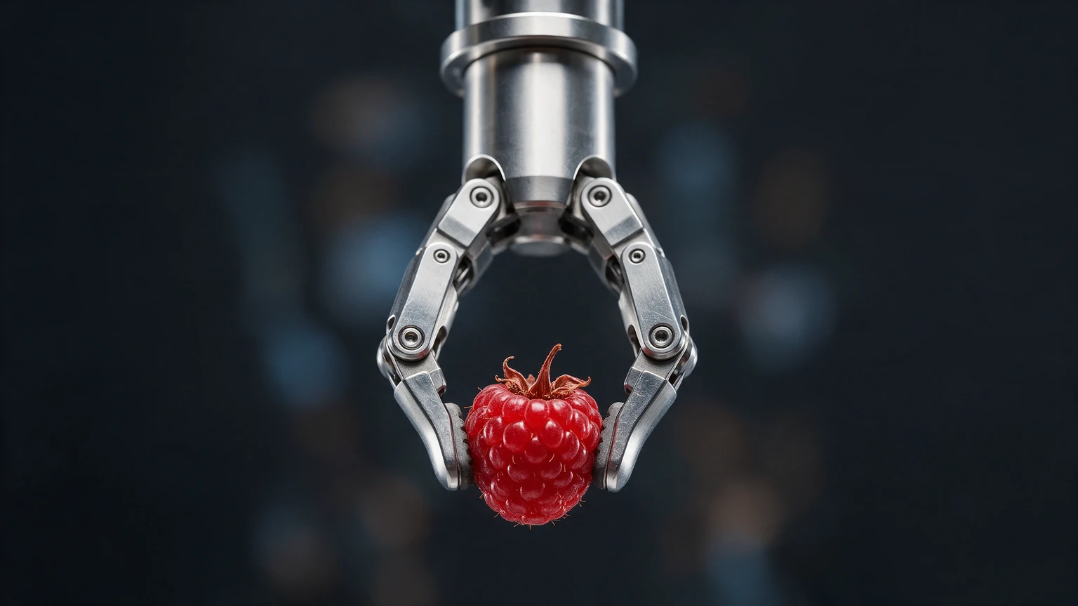 AI-generated illustration of a steel robot gripper with two jointed fingers hanging from above and holding a single red raspberry between its fingertips against a dark background. No text.