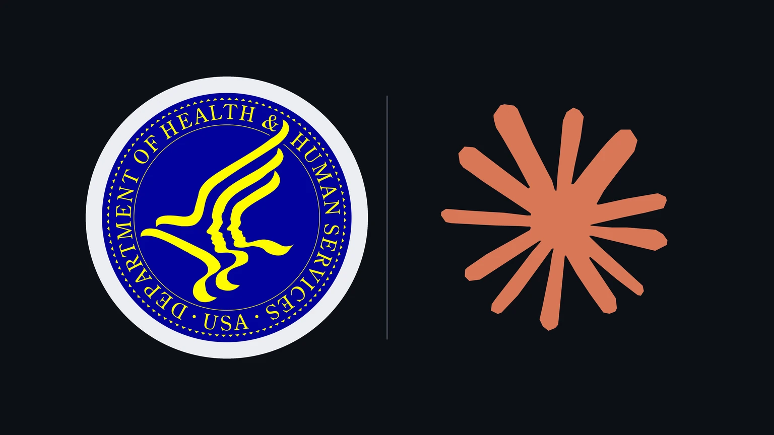 The blue and yellow seal of the US Department of Health and Human Services on a light disc at left, and the coral starburst Claude symbol at right, on a dark background.
