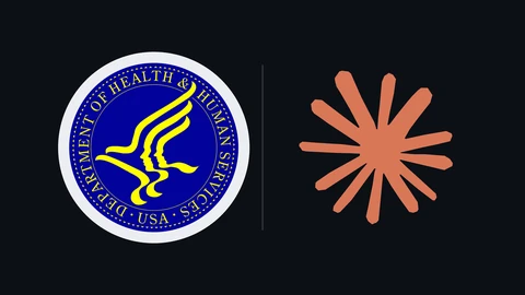 The blue and yellow seal of the US Department of Health and Human Services on a light disc at left, and the coral starburst Claude symbol at right, on a dark background.