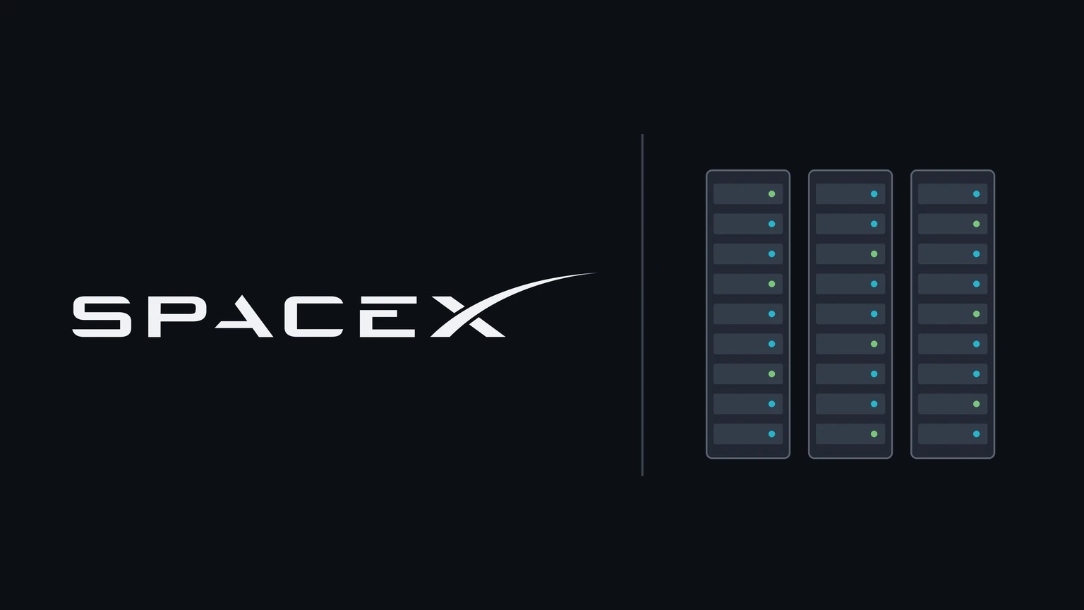 The SpaceX wordmark in white on the left of a dark background; on the right, three dark server racks with rows of drive bays and small teal and green status lights.
