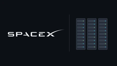The SpaceX wordmark in white on the left of a dark background; on the right, three dark server racks with rows of drive bays and small teal and green status lights.