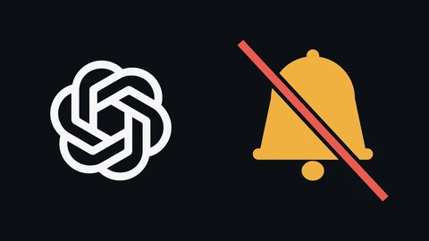 The white OpenAI blossom logo on the left of a dark background and, on the right, an amber alarm bell with a red diagonal slash through it.