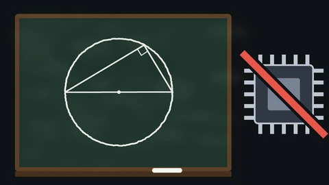 A dark green chalkboard with a chalk drawing of a circle, its diameter and a right triangle inside it, next to a grey computer chip crossed out with a red slash.