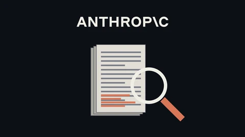 The off-white Anthropic wordmark above a drawing of stacked document pages with highlighted orange rows and a magnifying glass, on a dark background.