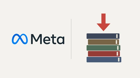 The Meta logo, a blue infinity-style symbol beside the word Meta, on an off-white background, with a drawn stack of five book spines and a red download arrow above them on the right.