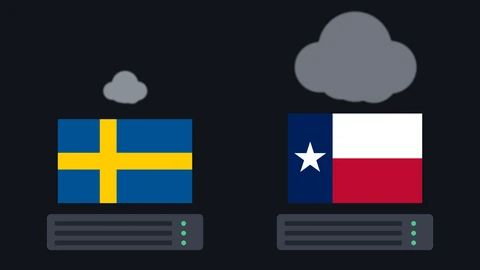 The flag of Sweden and the flag of Texas side by side above two drawn servers, with a small grey smoke puff over the Swedish flag and a much larger one over the Texas flag, on a dark background.