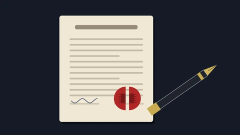 A drawn cream charter document with blank text lines and a signature, a red wax seal with a chip pattern split in two at the bottom, and a fountain pen lifted away from the page, on a dark navy background.