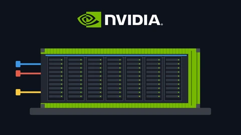 The NVIDIA logo above a drawn green shipping container cut open to show seven server racks inside, with blue, red and yellow lines plugging into its side, resting on a concrete pad against a dark background.