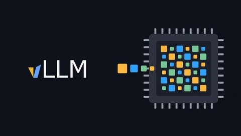 The vLLM logo on a dark background beside a drawn GPU chip whose die is a grid of orange, blue and green tiles, with four coloured blocks of shrinking size flowing into its left side.