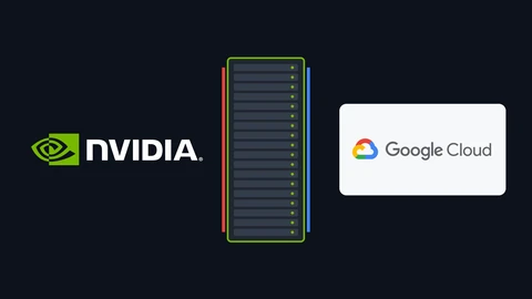 The white and green NVIDIA logo on the left of a dark background, a drawn server rack with a green outline and red and blue coolant lines in the middle, and the Google Cloud logo on a white card on the right.