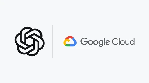 The black OpenAI blossom logo on the left and the multicoloured Google Cloud logo with its grey wordmark on the right, separated by a thin grey line on a pale background.