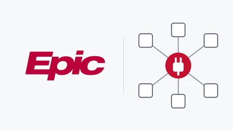 The red Epic wordmark on the left of a pale background; on the right, a red circle with a white plug symbol connected by grey lines to six empty rounded squares.