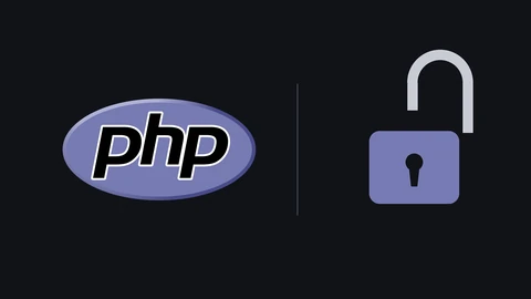 The purple oval PHP logo on the left of a dark background; on the right, a lavender padlock drawn with its shackle lifted open.