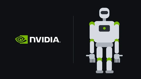 The green and white NVIDIA logo on the left of a dark background, a thin divider, and on the right a flat drawing of a light grey humanoid robot with green joints and five-fingered hands.