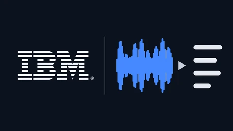 The white IBM eight-bar logo on the left of a dark navy background, a thin divider, and on the right a blue audio waveform with an arrow pointing to four light bars that stand for lines of text.