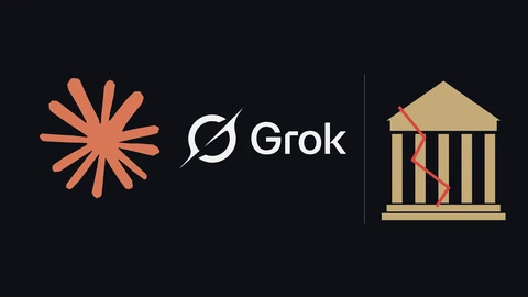 The orange Claude asterisk logo and the white Grok wordmark on the left of a dark background, a thin divider, and on the right a tan drawing of a classical bank building with a red crack.