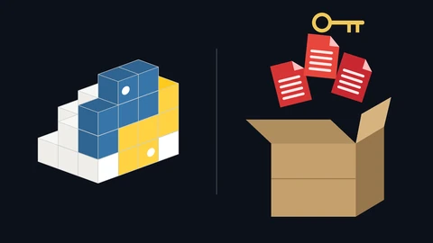The blue and yellow PyPI cube logo on the left and, on the right, an open cardboard box with three red documents and a gold key flying out of it, on a dark background.