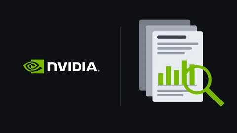 The NVIDIA logo on the left and, on the right, a stack of three document pages with a green bar chart and a green magnifying glass over it, on a dark background.