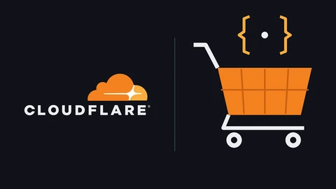 The orange Cloudflare cloud logo with a white wordmark on the left and, on the right, an orange shopping cart with a pair of curly braces above it, on a dark background.