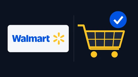 The blue Walmart wordmark and yellow spark on a light panel at left and, at right, a yellow shopping cart with a blue check-mark badge above it, on a dark background.