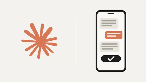 The orange Claude starburst symbol on a warm light background at left and, at right, a drawing of a phone showing grey and orange message bubbles above a black button with a white check mark.