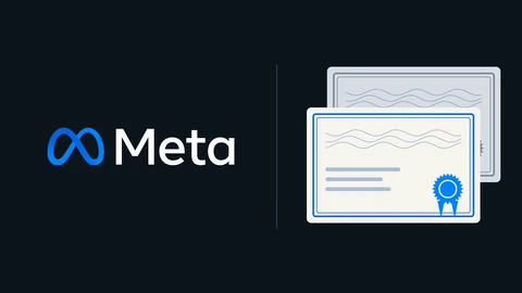 The Meta logo, a blue infinity-style symbol with the word Meta in white, on a dark background beside a drawing of two stacked share certificates with ornate borders and a blue rosette seal.